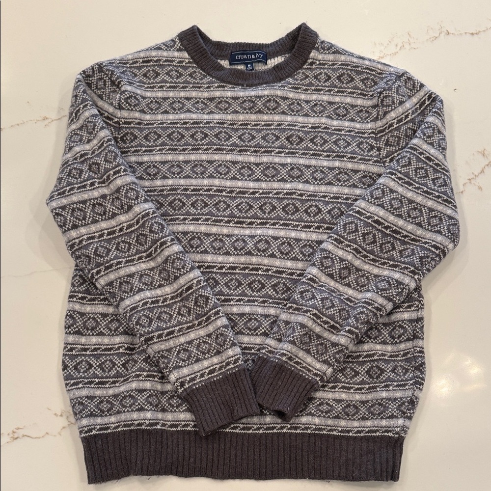 Crown & Ivy Fair Isle Knit Sweater Men’s Medium Gray Crewneck Wool Blend